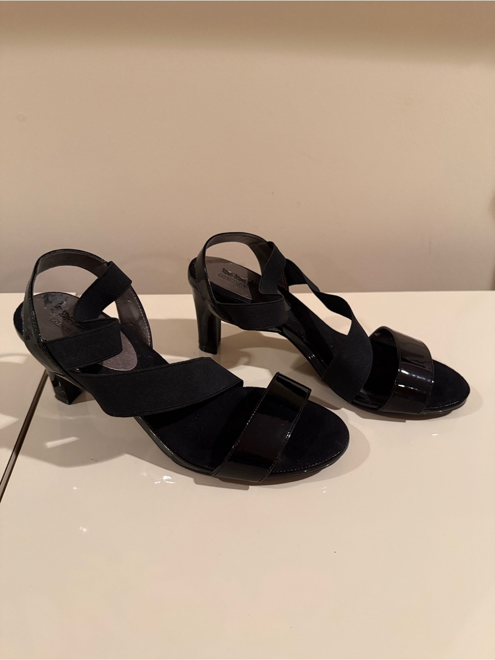 Coach and Four Black Patent and Elastic Strappy Sandals
